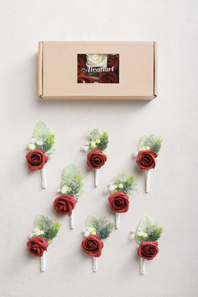 Wedding Boutonnieres with Pins Set of 8 - Burgundy