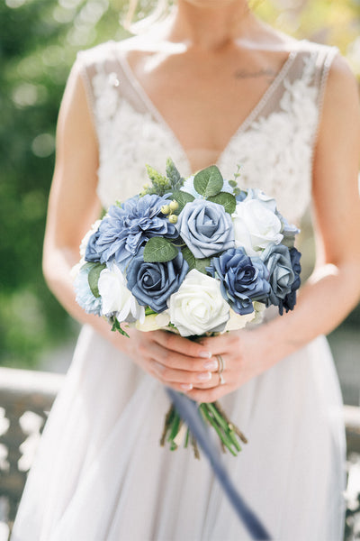 Artificial Flowers - Wedding Flower Box Set - DIY Bridal Bouquet, Centerpieces, Aisle Flower Decor - Dusty Blue & White