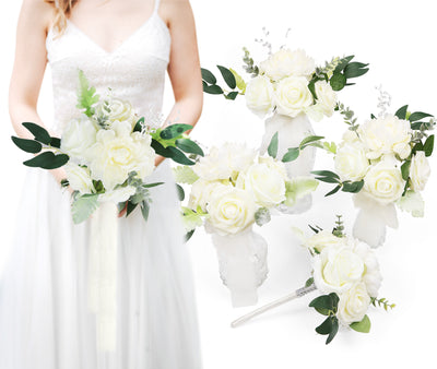 8''/10'' Bridesmaid Bouquets, Set of 4, Wedding Centerpieces - White
