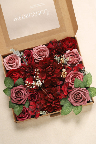 Artificial Flowers - Wedding Flower Box Set - DIY Bridal Bouquet, Centerpieces, Aisle Flower Decor - Burgundy & Mauve