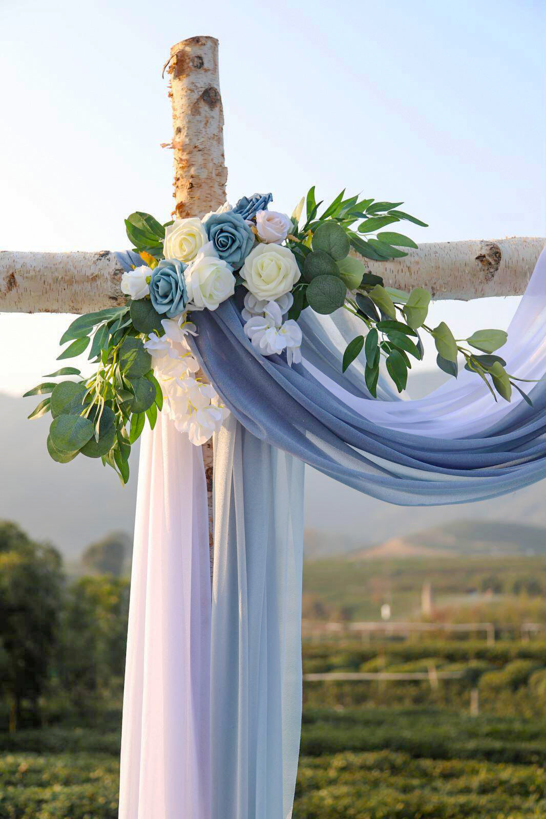 3 Pcs Romantic Wedding Arch Draping 29"w x 19.7ft - Dusty Blue & White & Gray