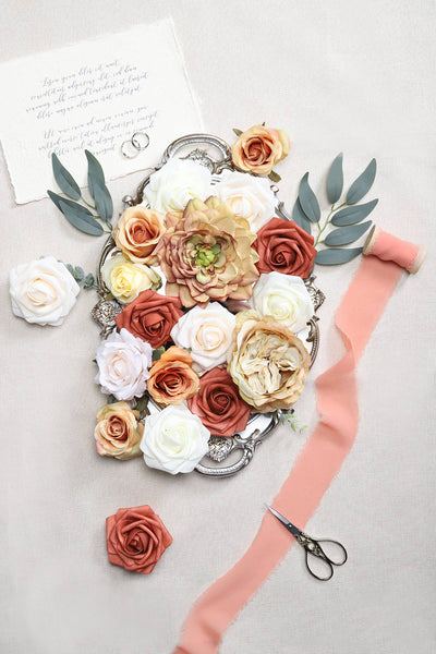 Artificial Flowers - Wedding Flower Box Set - DIY Bridal Bouquet, Centerpieces, Aisle Flower Decor - Terracotta & Coral