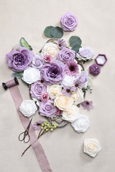 Artificial Flowers - Wedding Flower Box Set - DIY Bridal Bouquet, Centerpieces, Aisle Flower Decor - Lilac & Lavender