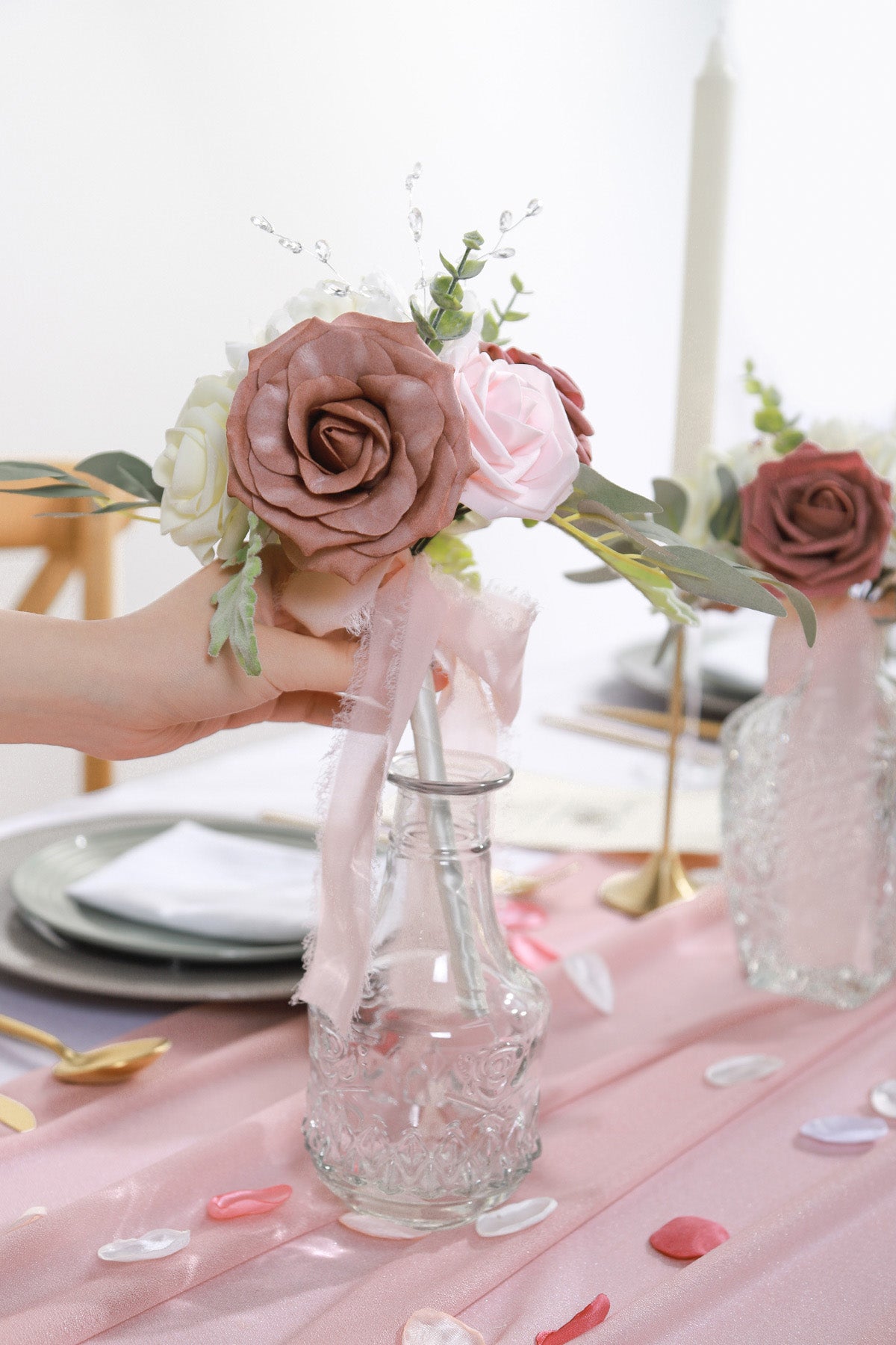 8''/10'' Bridesmaid Bouquets, Set of 4, Wedding Centerpieces - Dusty Rose