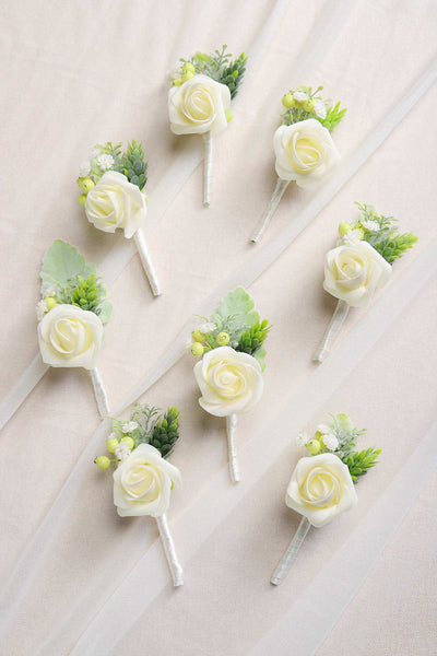 Wedding Boutonnieres with Pins Set of 8 - White