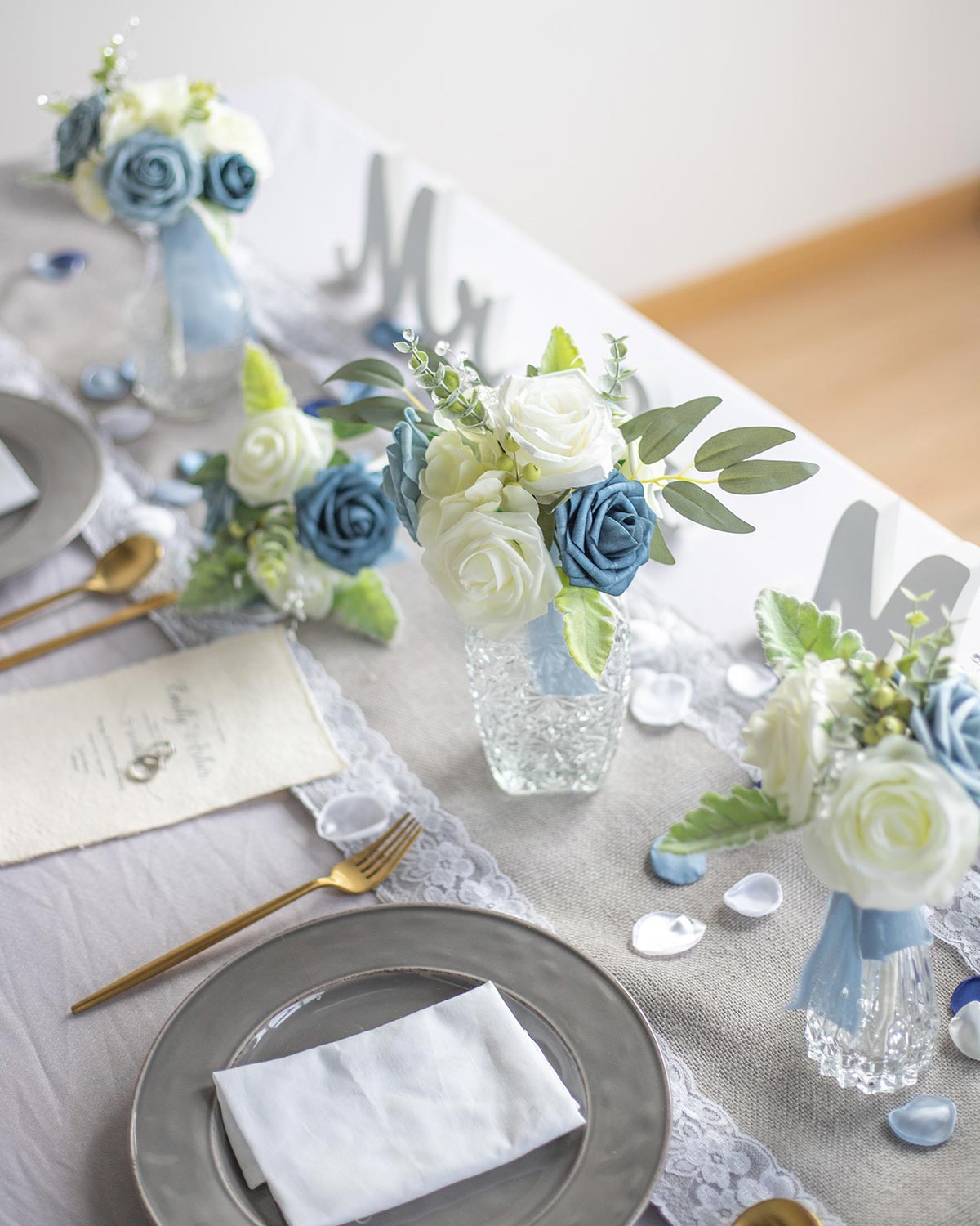 8''/10'' Bridesmaid Bouquets, Set of 4, Wedding Centerpieces - Dusty Blue
