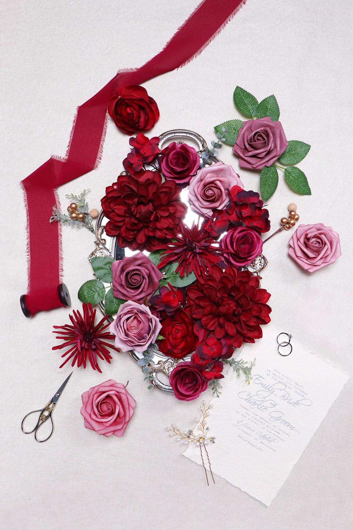 Artificial Flowers - Wedding Flower Box Set - DIY Bridal Bouquet, Centerpieces, Aisle Flower Decor - Burgundy & Mauve
