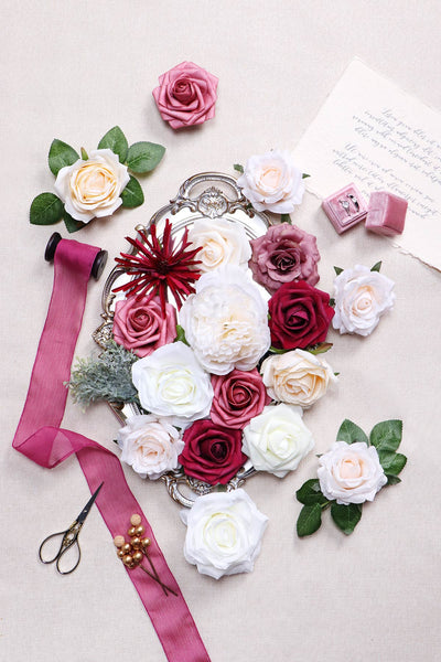Artificial Flowers - Wedding Flower Box Set - DIY Bridal Bouquet, Centerpieces, Aisle Flower Decor - Mauve & Dusty Pink