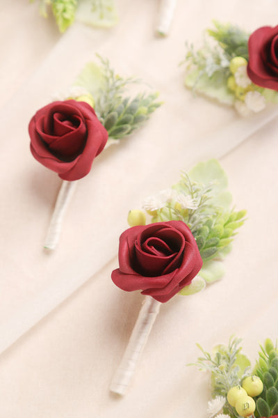 Wedding Boutonnieres with Pins Set of 8 - Burgundy