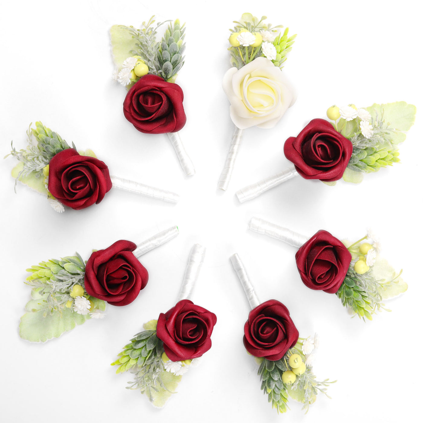 Wedding Boutonnieres with Pins Set of 8 - 1 White & 7 Burgundy