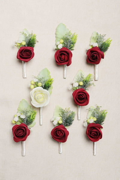 Wedding Boutonnieres with Pins Set of 8 - 1 White & 7 Burgundy